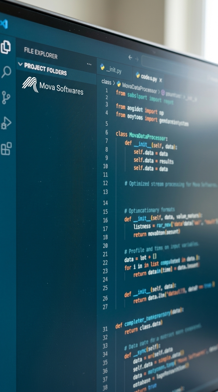 Laptop exibindo código desenvolvido pela Mova Softwares para agência de softwares em Guarapuava